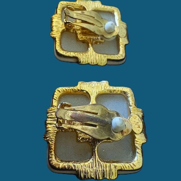 Vintage Antique Gold Rhinestone and Carved Marble Earrings EUC - Picture 10 of 12